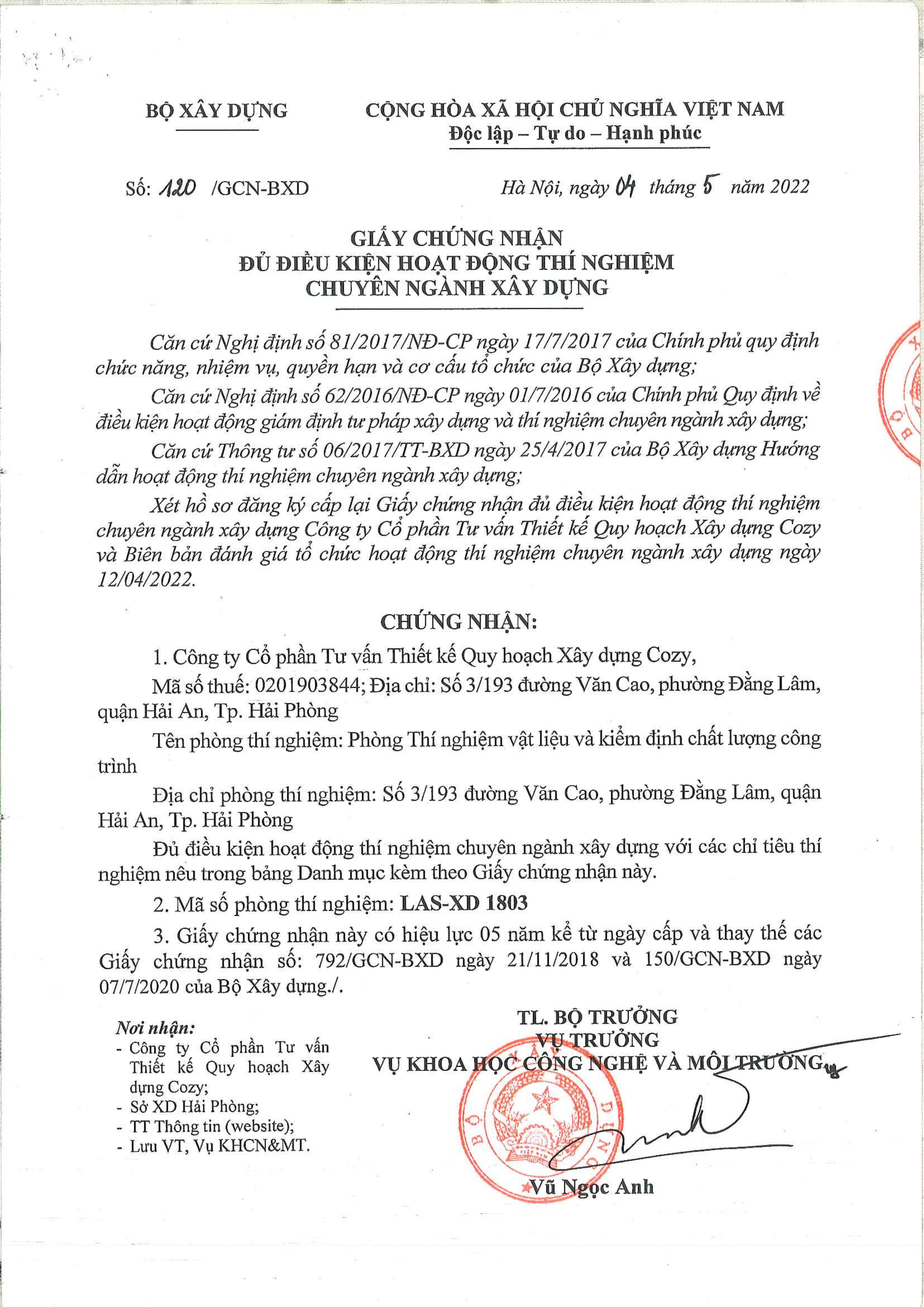 Giấy chứng nhận đủ điều kiện hoạt động thí nghiệm chuyên ngà...